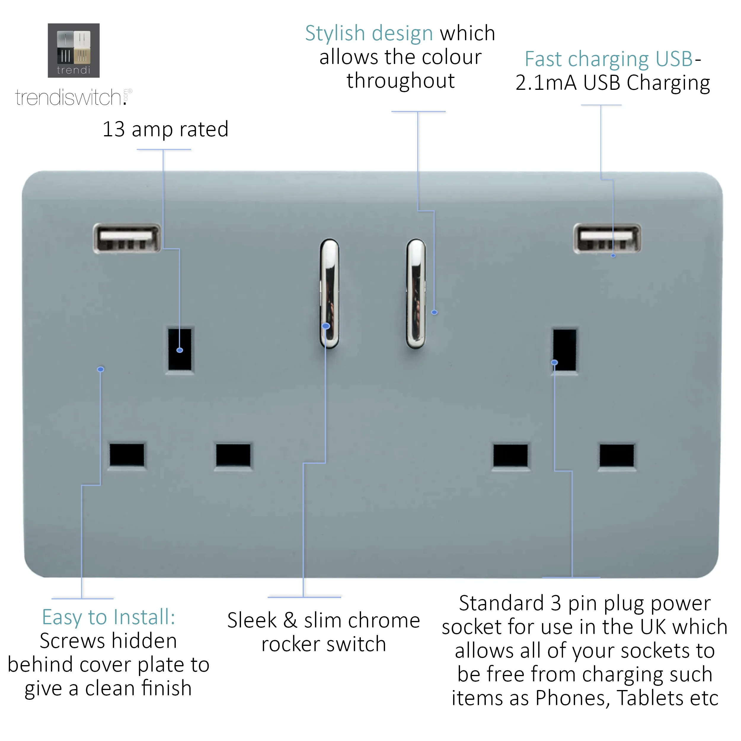 2 Gang 13Amp Short S/W Double Socket With 2x3.1Mah USB Cool Grey ART-SKT213USB31AACG  Trendi Cool Grey